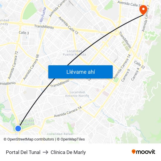 Portal Del Tunal to Clínica De Marly map