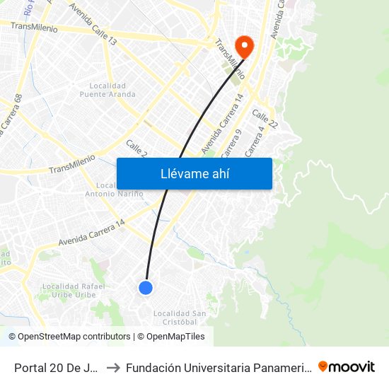 Portal 20 De Julio to Fundación Universitaria Panamericana map