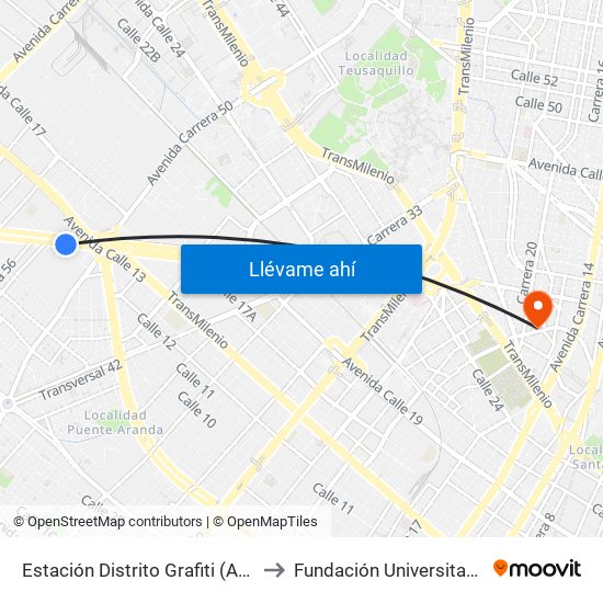 Estación Distrito Grafiti (Av. Américas - Kr 53a) to Fundación Universitaria Panamericana map