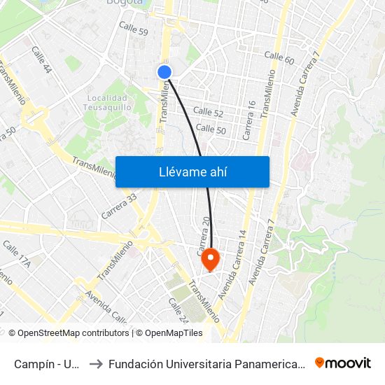 Campín - Uan to Fundación Universitaria Panamericana map