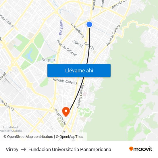 Virrey to Fundación Universitaria Panamericana map