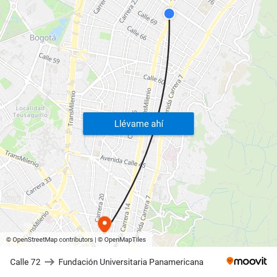 Calle 72 to Fundación Universitaria Panamericana map