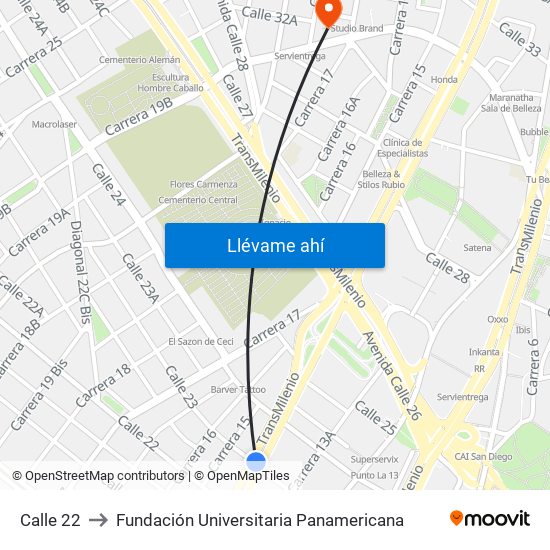 Calle 22 to Fundación Universitaria Panamericana map