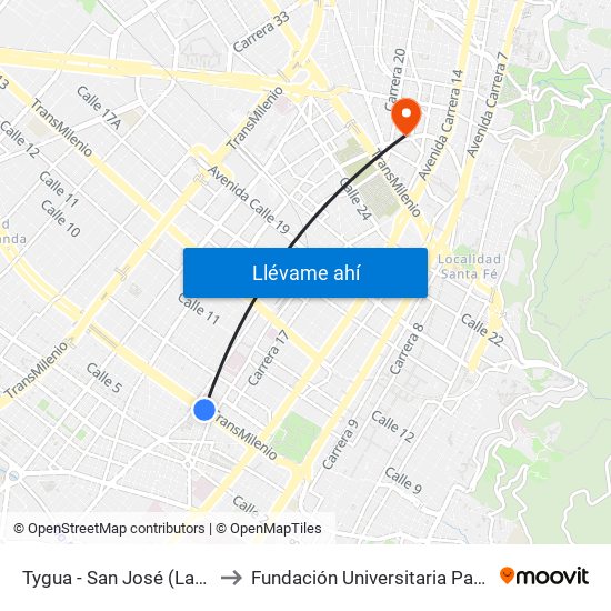 Tygua - San José (Lado Norte) to Fundación Universitaria Panamericana map