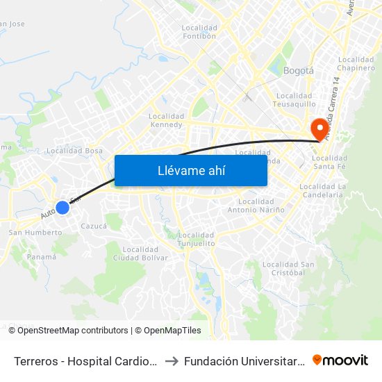 Terreros - Hospital Cardiovascular (Lado Sur) to Fundación Universitaria Panamericana map