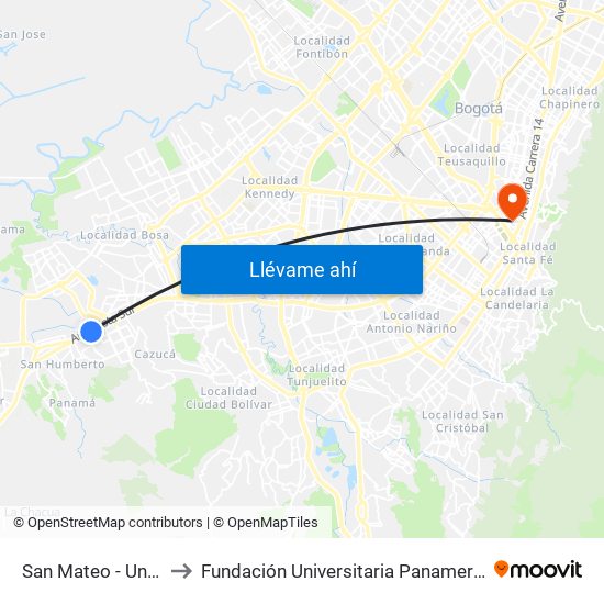 San Mateo - Unisur to Fundación Universitaria Panamericana map