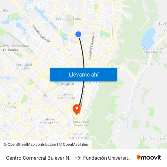 Centro Comercial Bulevar Niza (Ac 127 - Av. Suba) to Fundación Universitaria Panamericana map