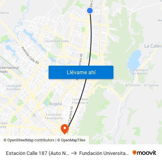 Estación Calle 187 (Auto Norte - Cl 187 Bis) (A) to Fundación Universitaria Panamericana map