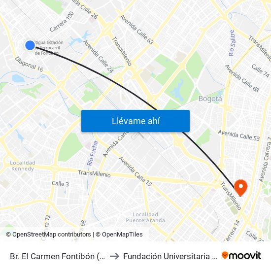 Br. El Carmen Fontibón (Cl 17 - Kr 100) to Fundación Universitaria Panamericana map