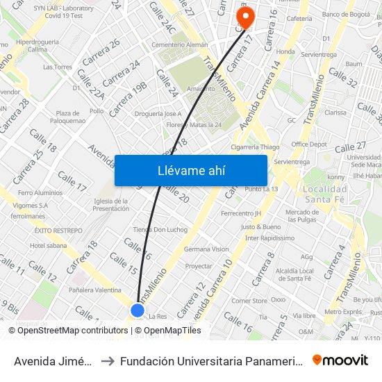 Avenida Jiménez to Fundación Universitaria Panamericana map