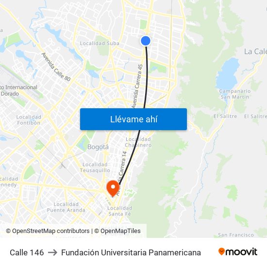 Calle 146 to Fundación Universitaria Panamericana map