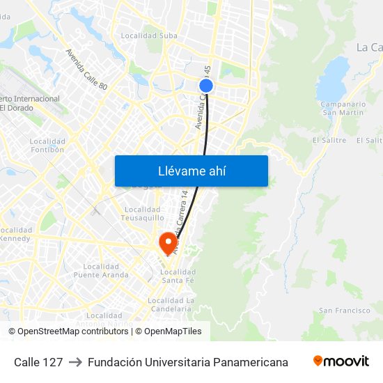 Calle 127 to Fundación Universitaria Panamericana map