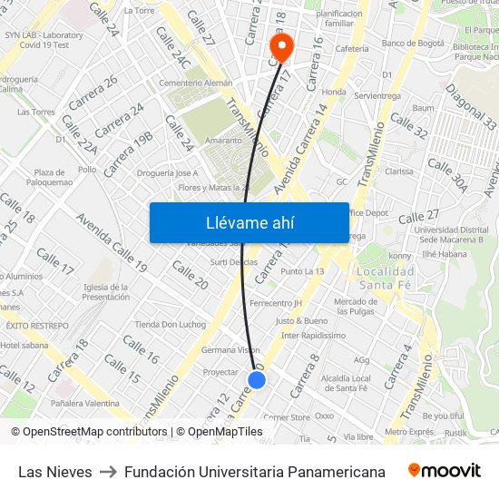 Las Nieves to Fundación Universitaria Panamericana map