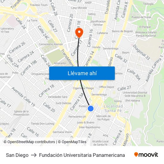 San Diego to Fundación Universitaria Panamericana map