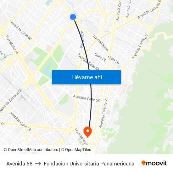 Avenida 68 to Fundación Universitaria Panamericana map