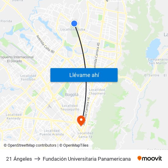 21 Ángeles to Fundación Universitaria Panamericana map