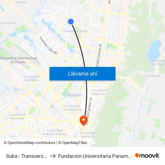 Suba - Transversal 91 to Fundación Universitaria Panamericana map