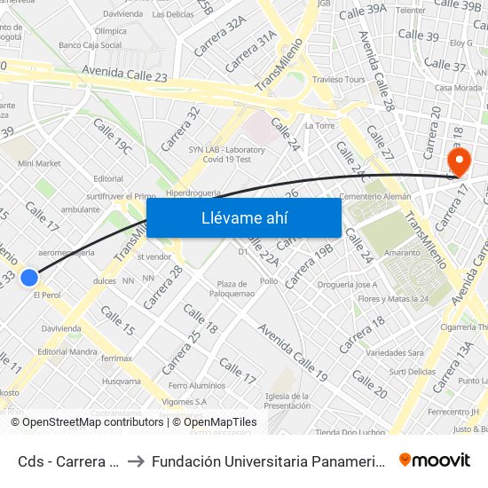 Cds - Carrera 32 to Fundación Universitaria Panamericana map