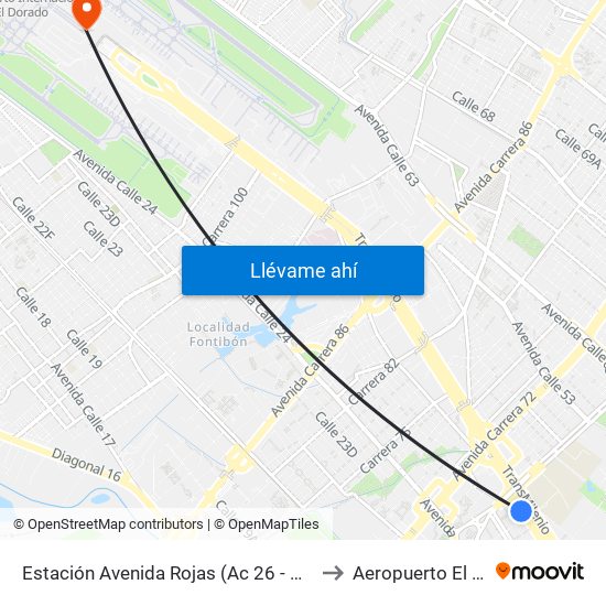 Estación Avenida Rojas (Ac 26 - Kr 69d Bis) (B) to Aeropuerto El Dorado map