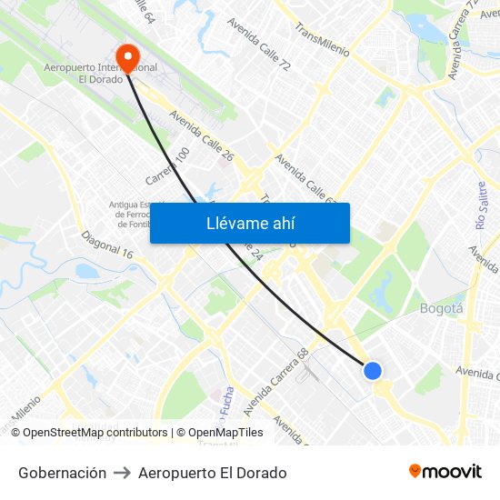 Gobernación to Aeropuerto El Dorado map