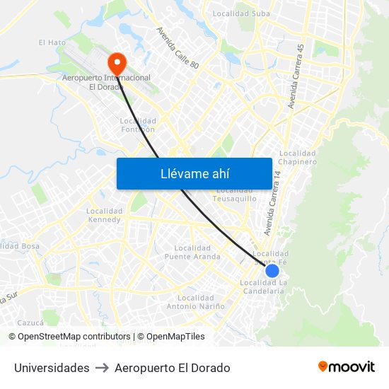 Universidades to Aeropuerto El Dorado map