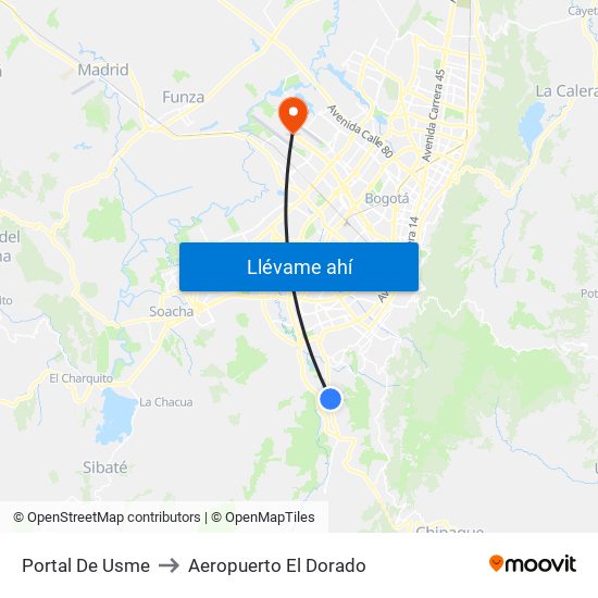 Portal De Usme to Aeropuerto El Dorado map