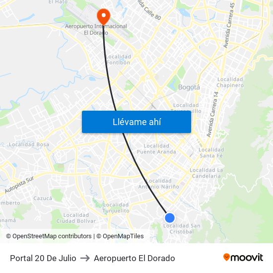 Portal 20 De Julio to Aeropuerto El Dorado map