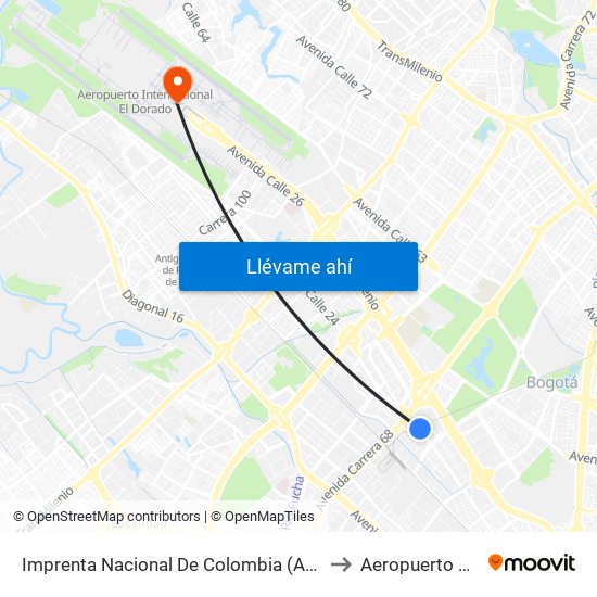 Imprenta Nacional De Colombia (Av. Esperanza - Kr 66) to Aeropuerto El Dorado map