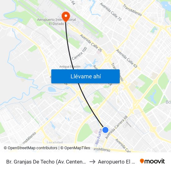 Br. Granjas De Techo (Av. Centenario - Kr 65) to Aeropuerto El Dorado map