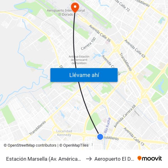 Estación Marsella (Av. Américas - Kr 69b) to Aeropuerto El Dorado map
