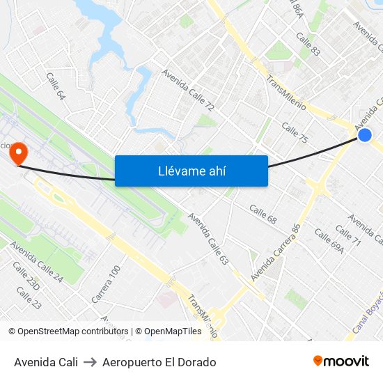 Avenida Cali to Aeropuerto El Dorado map