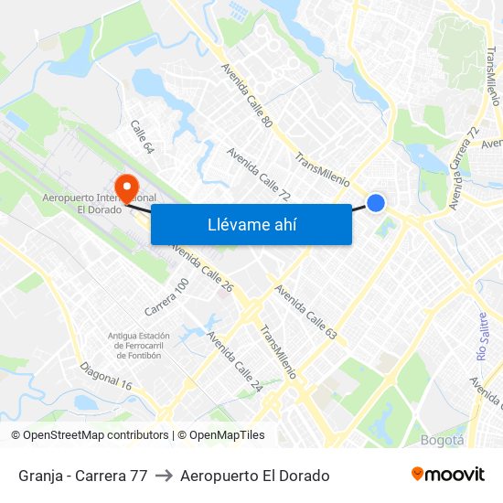 Granja - Carrera 77 to Aeropuerto El Dorado map