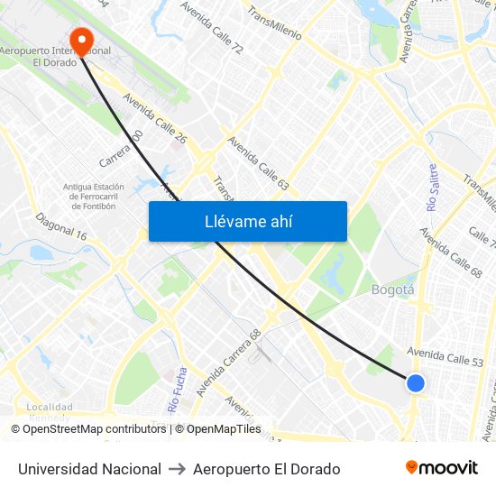 Universidad Nacional to Aeropuerto El Dorado map