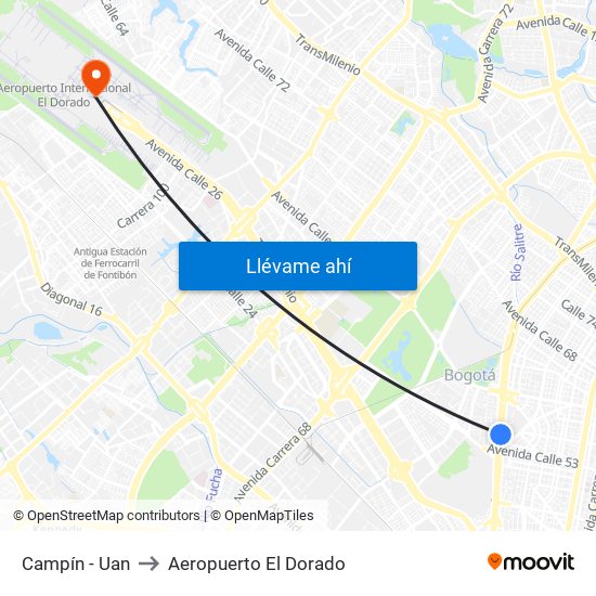 Campín - Uan to Aeropuerto El Dorado map