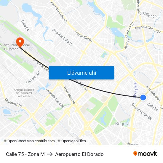 Calle 75 - Zona M to Aeropuerto El Dorado map