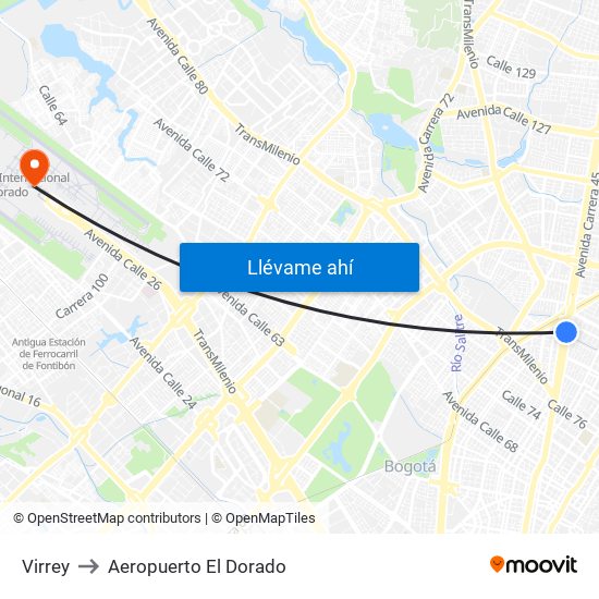 Virrey to Aeropuerto El Dorado map