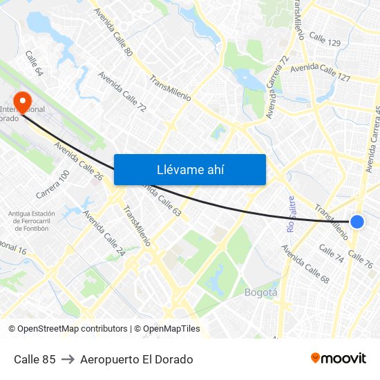 Calle 85 to Aeropuerto El Dorado map