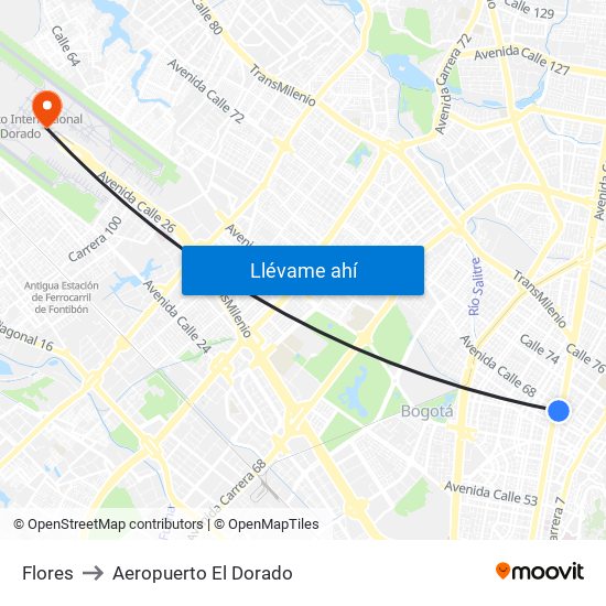 Flores to Aeropuerto El Dorado map