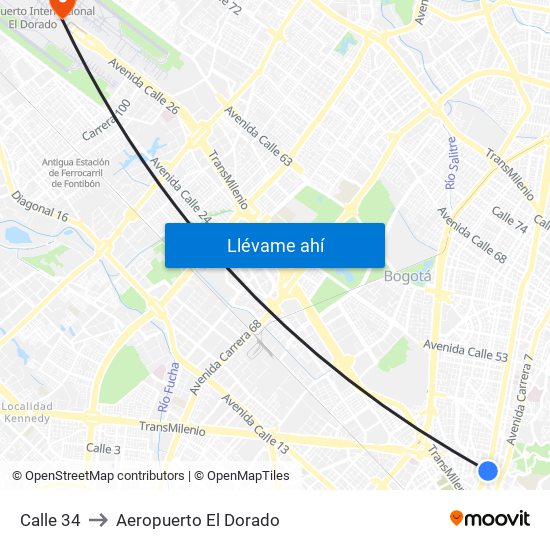 Calle 34 to Aeropuerto El Dorado map