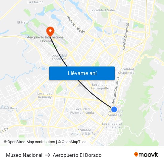 Museo Nacional to Aeropuerto El Dorado map