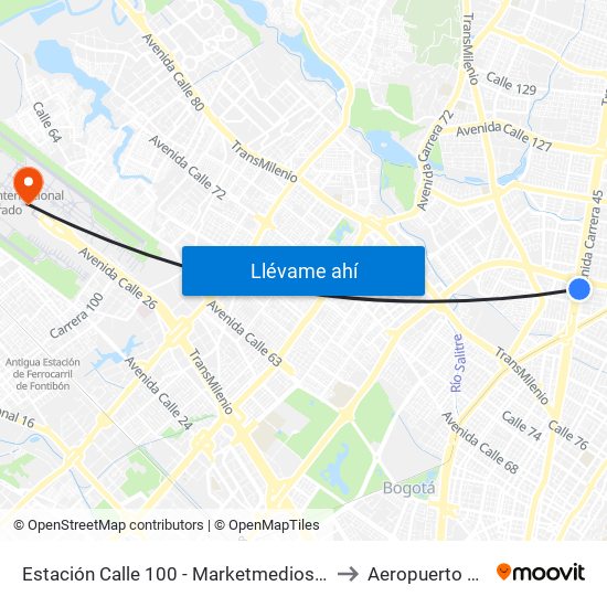 Estación Calle 100 - Marketmedios (Auto Norte - Cl 98) to Aeropuerto El Dorado map