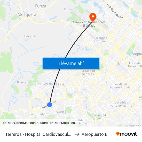 Terreros - Hospital Cardiovascular (Lado Sur) to Aeropuerto El Dorado map