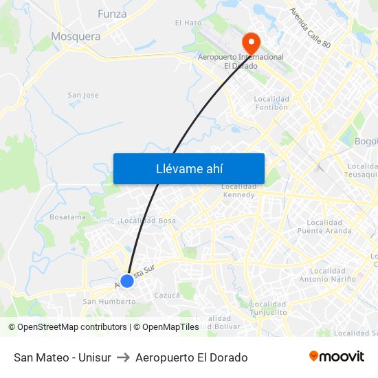 San Mateo - Unisur to Aeropuerto El Dorado map