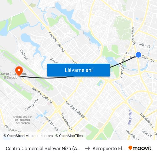 Centro Comercial Bulevar Niza (Ac 127 - Av. Suba) to Aeropuerto El Dorado map