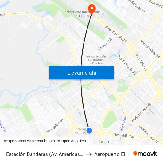 Estación Banderas (Av. Américas - Kr 78a) (A) to Aeropuerto El Dorado map