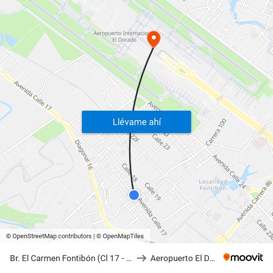 Br. El Carmen Fontibón (Cl 17 - Kr 100) to Aeropuerto El Dorado map