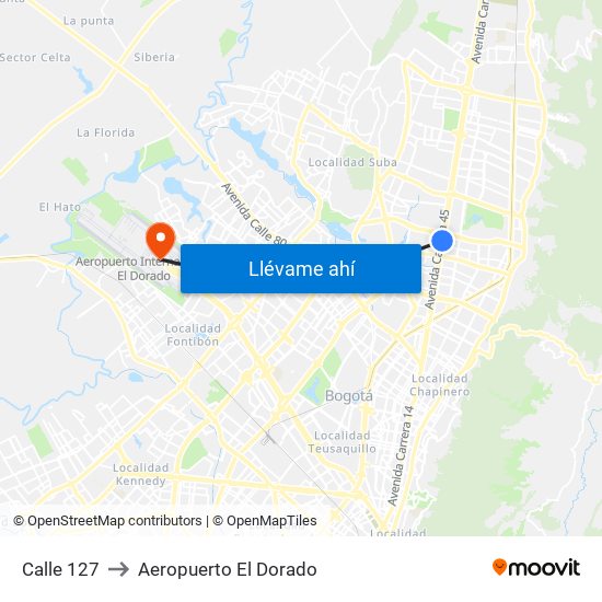 Calle 127 to Aeropuerto El Dorado map