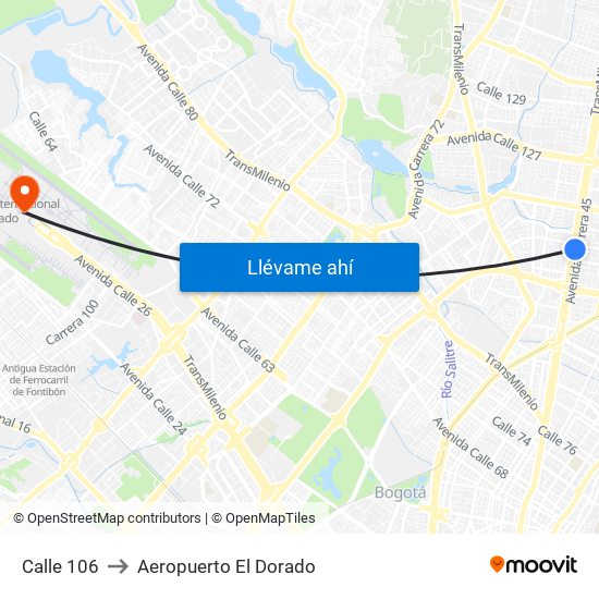 Calle 106 to Aeropuerto El Dorado map