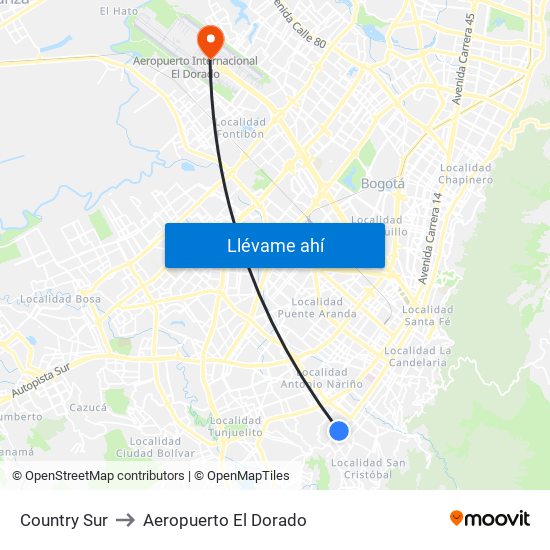Country Sur to Aeropuerto El Dorado map