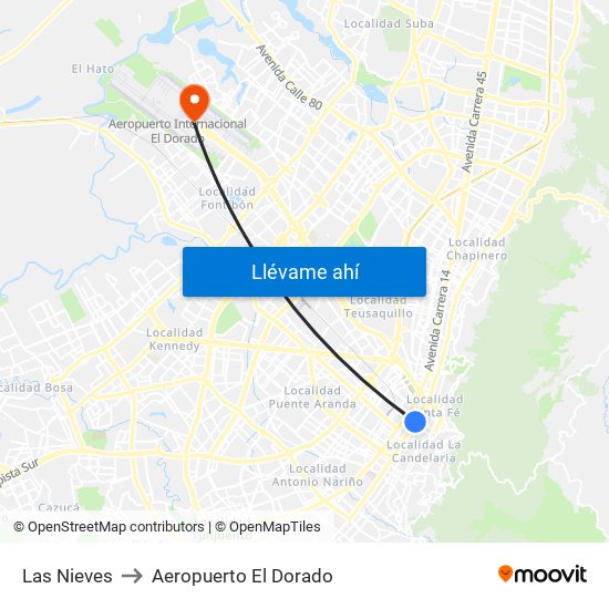 Las Nieves to Aeropuerto El Dorado map